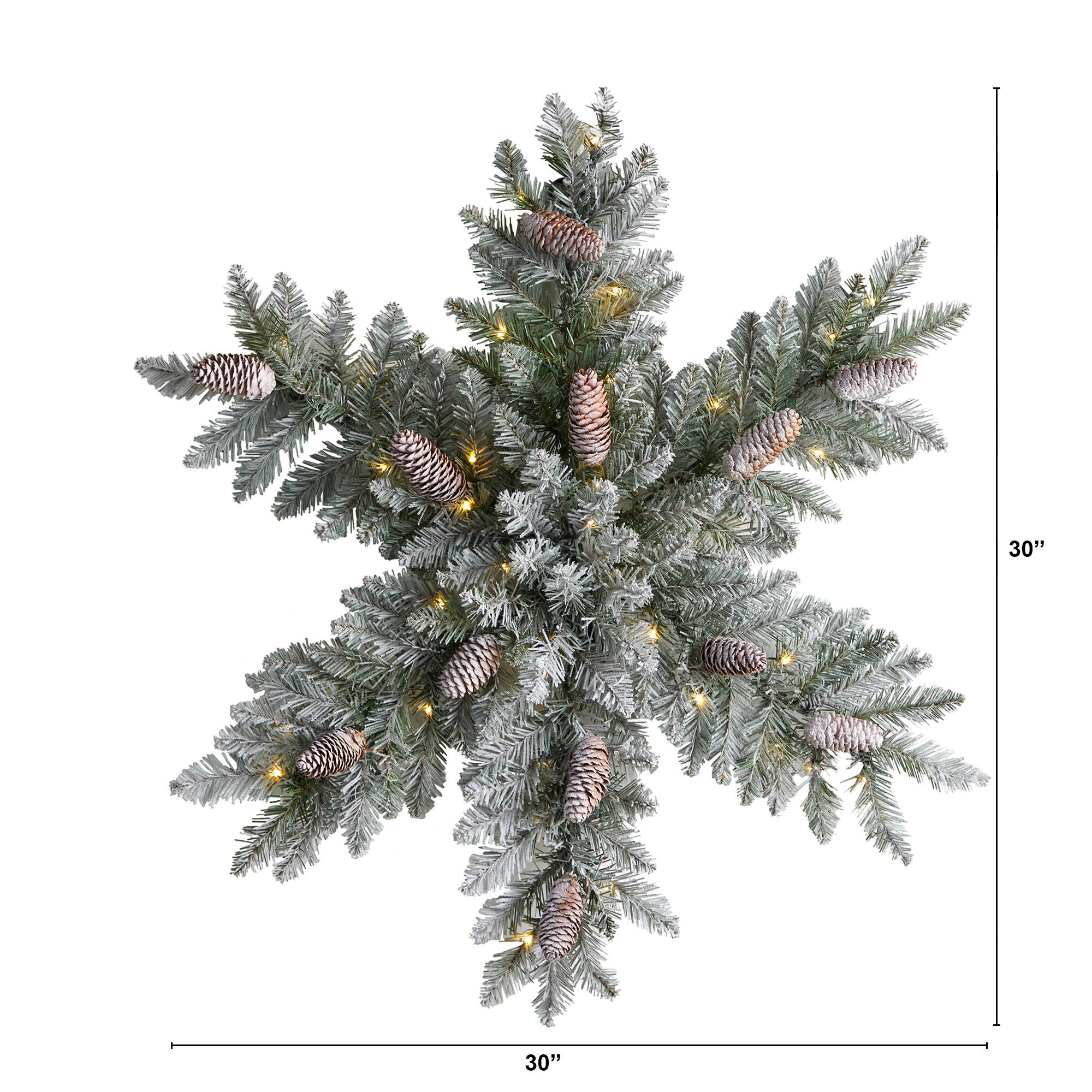 30" Pre-Lit Flocked Snowflake Artificial Dunhill Fir Wreath With Pinecones